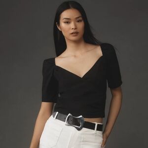 By Anthropologie - Black Wrap Puffed Short Sleeve Blouse